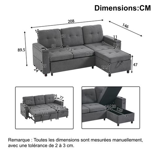 Canapé D’angle Convertible 3 Places Avec Coffre, LED, Poches Latérales, Porte-gobelets, Tissu Gris