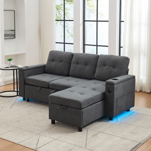 Canapé D’angle Convertible 3 Places Avec Coffre, LED, Poches Latérales, Porte-gobelets, Tissu Gris