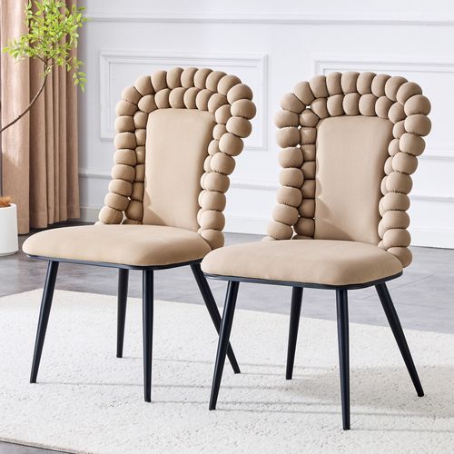 Chaise Lot De 2 Velours, Dossier à Perles Avec Pieds Métal Robuste, Salon Ou Salle à Manger, Camel