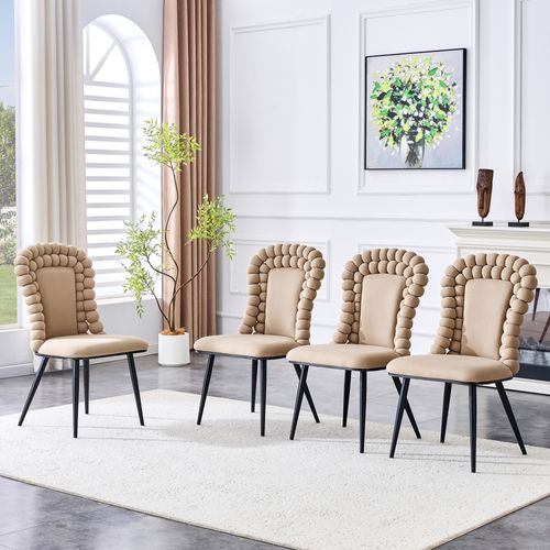 Chaise Lot De 2 Velours, Dossier à Perles Avec Pieds Métal Robuste, Salon Ou Salle à Manger, Camel