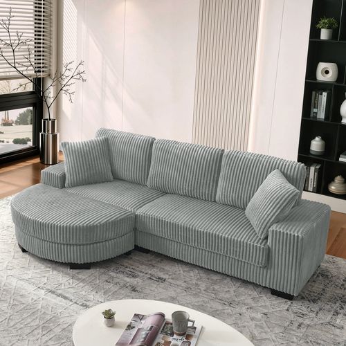 Canapé D’angle 4 Places Avec Pouf Ovale Et 2 Coussins, Moderne, Velours Côtelé Gris