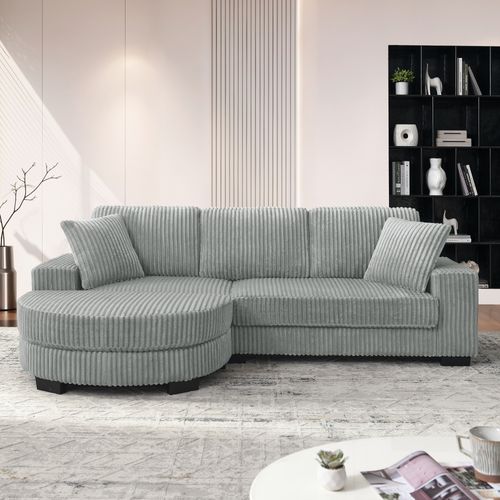 Canapé D’angle 4 Places Avec Pouf Ovale Et 2 Coussins, Moderne, Velours Côtelé Gris