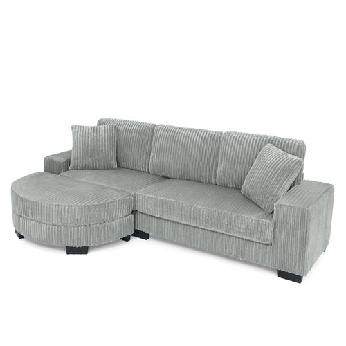 Canapé D’angle 4 Places Avec Pouf Ovale Et 2 Coussins, Moderne, Velours Côtelé Gris