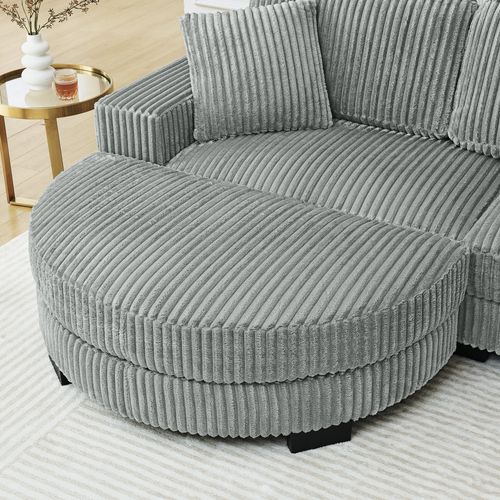 Canapé D’angle 4 Places Avec Pouf Ovale Et 2 Coussins, Moderne, Velours Côtelé Gris
