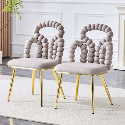 Chaise Lot De 2 Velours, Dossier à Perles Et Pieds Métal Robuste, Salon/salle à Manger, Gris Clair