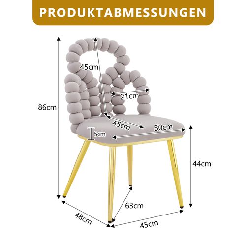 Chaise Lot De 2 Velours, Dossier à Perles Et Pieds Métal Robuste, Salon/salle à Manger, Gris Clair