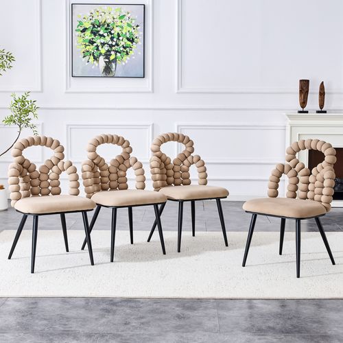 Chaise Lot De 2 Velours, Dossier à Perles Et Pieds Métal Robuste, Salon/salle à Manger, Camel