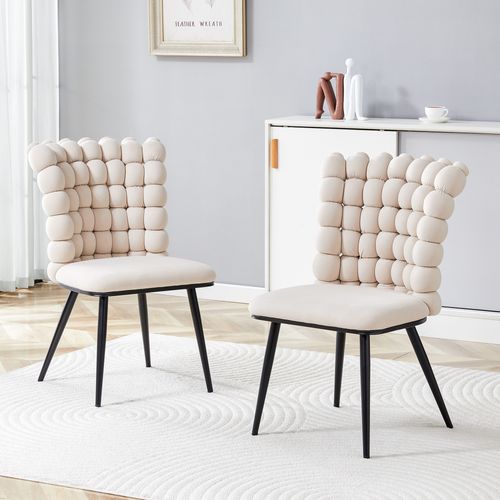 Chaises Lot De 2, Salle à Manger, Rembourrées, Design Luxe, Pieds Métal Noir, Velours Beige