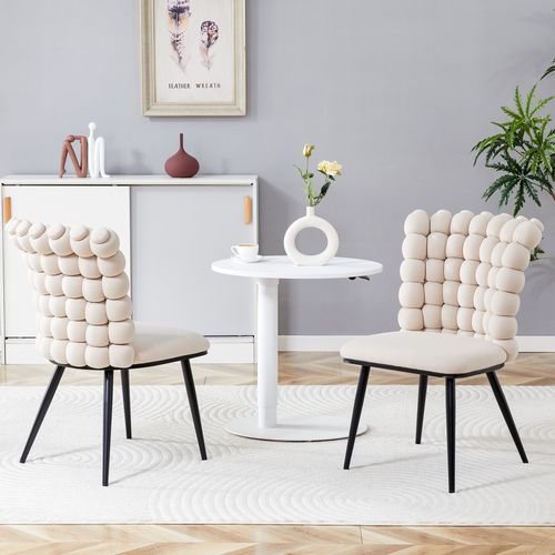 Chaises Lot De 2, Salle à Manger, Rembourrées, Design Luxe, Pieds Métal Noir, Velours Beige