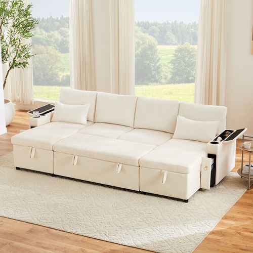 Canapé D’angle Convertible Avec Coffre, Porte-gobelets, Chenille Et Velours Côtelé, Beige
