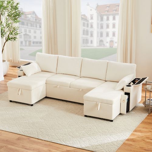 Canapé D’angle Convertible Avec Coffre, Porte-gobelets, Chenille Et Velours Côtelé, Beige