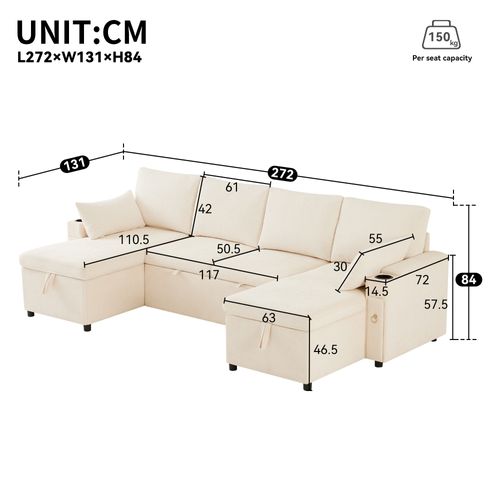 Canapé D’angle Convertible Avec Coffre, Porte-gobelets, Chenille Et Velours Côtelé, Beige