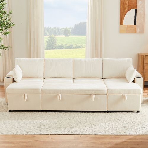 Canapé D’angle Convertible Avec Coffre, Porte-gobelets, Chenille Et Velours Côtelé, Beige
