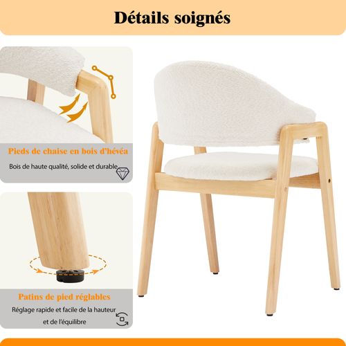 Chaises Lot De 6, Dossier Incurvé, Assise En Tissu Confortable, Structure Bois, Blanc