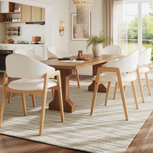 Chaises Lot De 6, Dossier Incurvé, Assise En Tissu Confortable, Structure Bois, Blanc