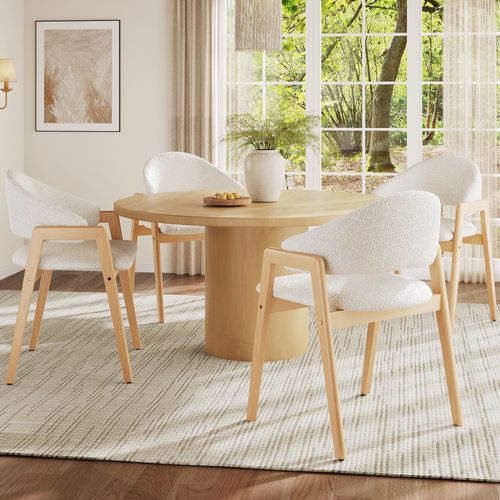 Chaises Lot De 4, Dossier Incurvé, Assise En Tissu Confortable, Structure Bois, Blanc