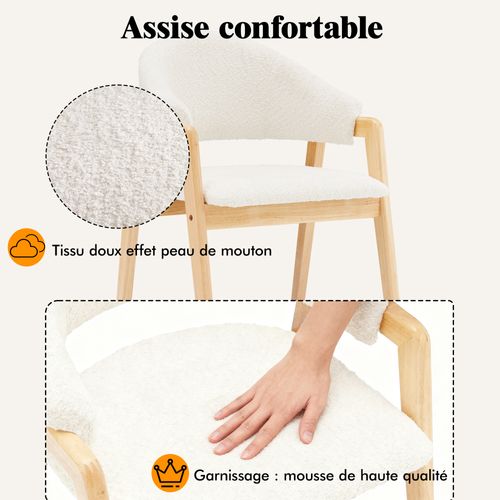 Chaises Lot De 4, Dossier Incurvé, Assise En Tissu Confortable, Structure Bois, Blanc