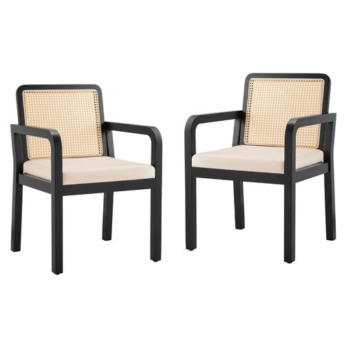 Chaise De Salle à Manger Lot De 2, Avec Dossier En Rotin Et Pieds En Bois, En Velours – Noir