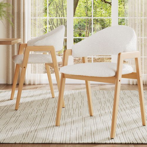 Chaises Lot De 2, Dossier Incurvé, Assise En Tissu Confortable, Structure Bois, Blanc