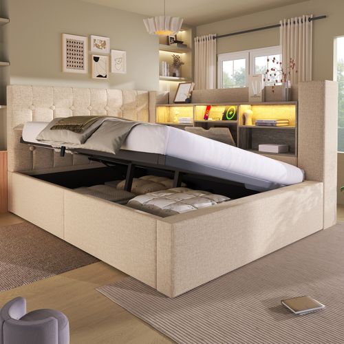 Lit Coffre 140×190 cm, Capitonné Double, LED, Ports USB Type-c, Tête De Lit Rangement, Lin Beige
