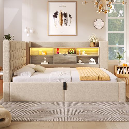 Lit Coffre 140×190 cm, Capitonné Double, LED, Ports USB Type-c, Tête De Lit Rangement, Lin Beige