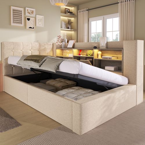 Lit Coffre 90×200 cm, Capitonné Simple Ado, LED, Ports USB Type-c, Tête De Lit Rangement, Lin Beige