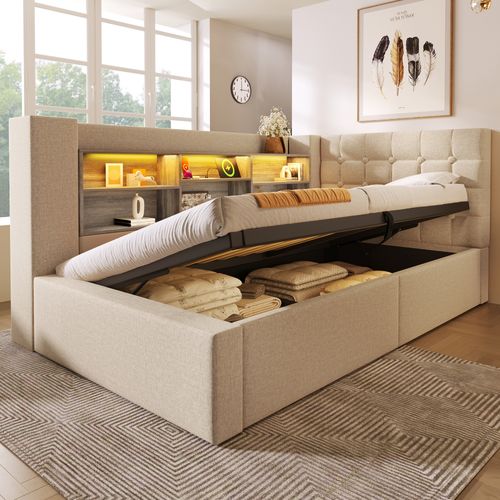 Lit Coffre 90×200 cm, Capitonné Simple Ado, LED, Ports USB Type-c, Tête De Lit Rangement, Lin Beige