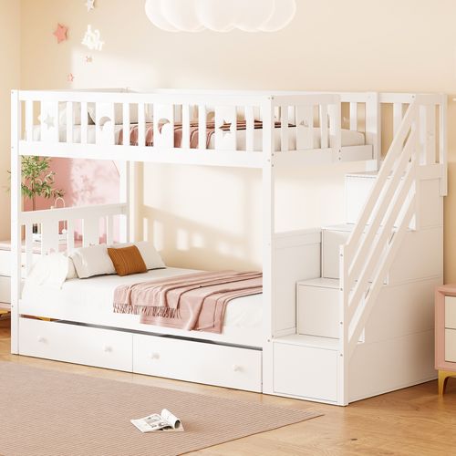 Lit Superposé 90x200 Cm - Rangement Et 2 Tiroirs, Échelle Sécurisée, Bois Massif Et Mdf - Blanc