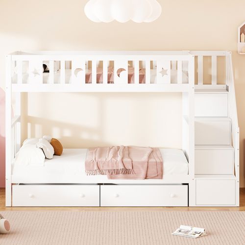 Lit Superposé 90x200 Cm - Rangement Et 2 Tiroirs, Échelle Sécurisée, Bois Massif Et Mdf - Blanc