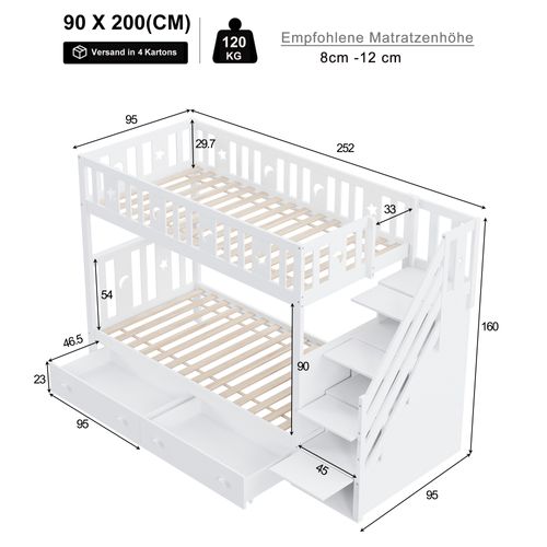 Lit Superposé 90x200 Cm - Rangement Et 2 Tiroirs, Échelle Sécurisée, Bois Massif Et Mdf - Blanc