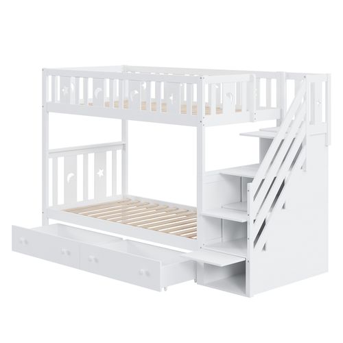 Lit Superposé 90x200 Cm - Rangement Et 2 Tiroirs, Échelle Sécurisée, Bois Massif Et Mdf - Blanc