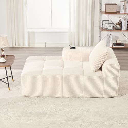 Canapé Méridienne Sans Assemblage, Porte-gobelet, Poches Latérales, Coussin, Velours Côtelé Beige