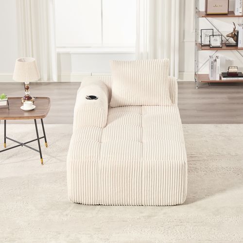 Canapé Méridienne Sans Assemblage, Porte-gobelet, Poches Latérales, Coussin, Velours Côtelé Beige