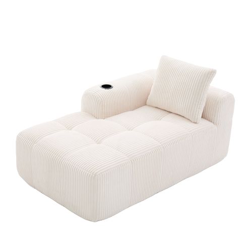 Canapé Méridienne Sans Assemblage, Porte-gobelet, Poches Latérales, Coussin, Velours Côtelé Beige