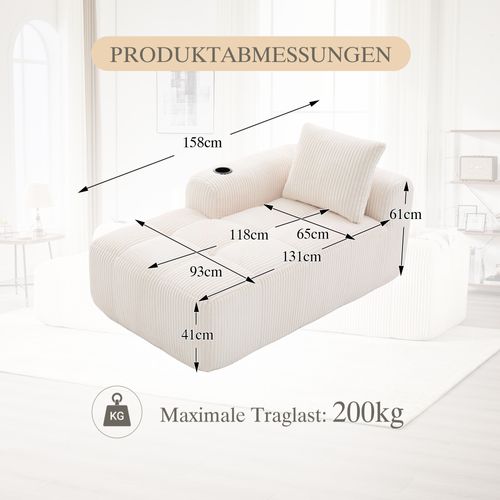 Canapé Méridienne Sans Assemblage, Porte-gobelet, Poches Latérales, Coussin, Velours Côtelé Beige