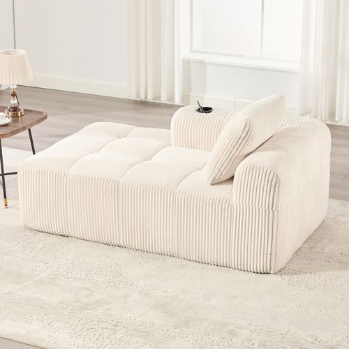 Canapé Méridienne Sans Assemblage, Porte-gobelet, Poches Latérales, Coussin, Velours Côtelé Beige