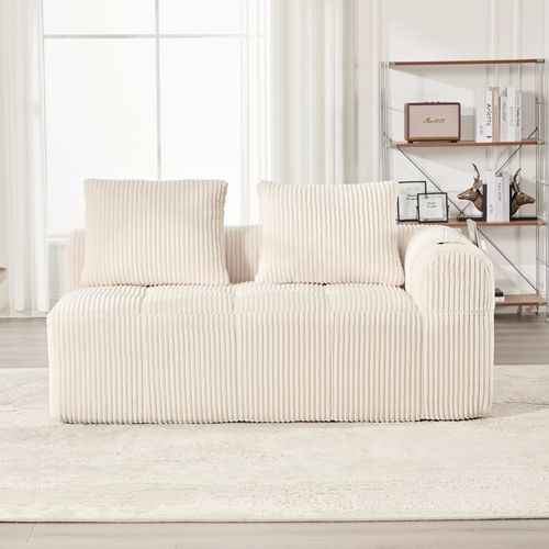 Canapé 2 Places Moderne Sans Assemblage Avec Porte-gobelet Et Poches, Velours Côtelé Beige