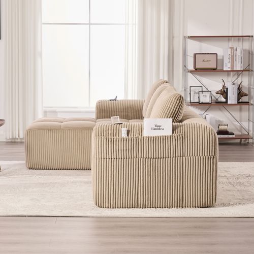 Canapé Modulable 4 Places Moderne Avec Poches Latérales Et Porte-gobelet, Velours Côtelé Kaki