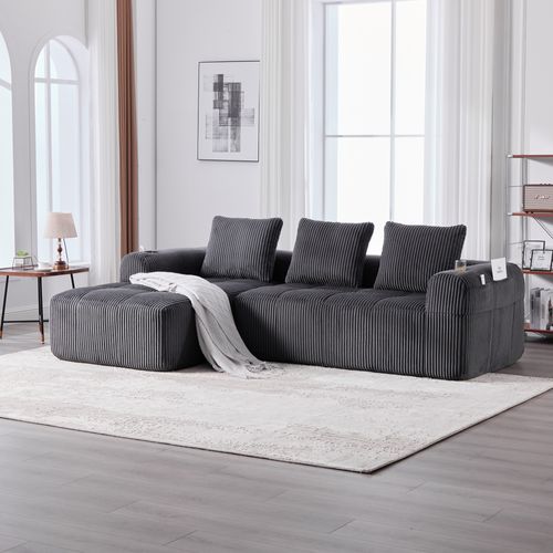 Canapé Modulable 4 Places Moderne Avec Poches Latérales Et Porte-gobelet, Velours Côtelé Gris Foncé