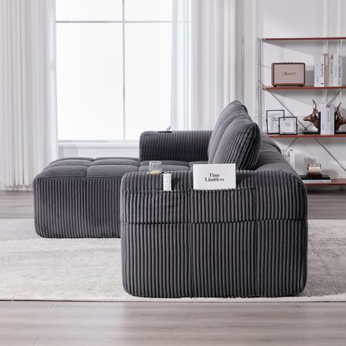 Canapé Modulable 4 Places Moderne Avec Poches Latérales Et Porte-gobelet, Velours Côtelé Gris Foncé