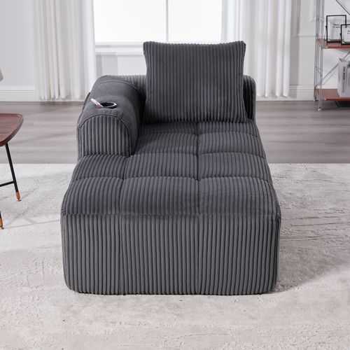 Méridienne Sans Assemblage, Porte-gobelet, Poches Latérales, Coussin, Velours Côtelé Gris Foncé