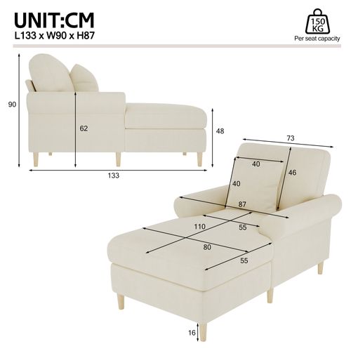 Fauteuil Lounge 1 Place Grande Taille Avec Coussin Rembourré, Velours Confortable, Beige