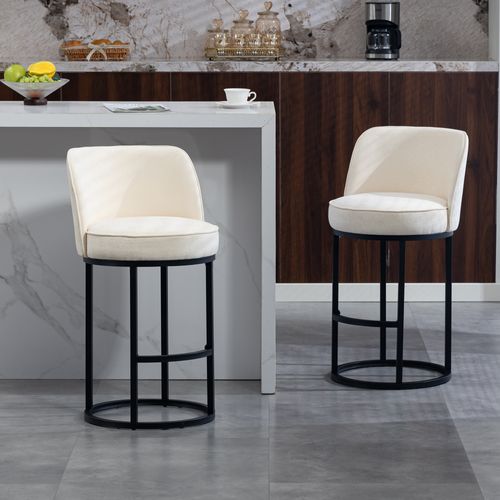 Tabouret De Bar Lot De 2, Dossier Ergonomique, Assise Rembourrée, Pieds Métal Noir, Lin Beige
