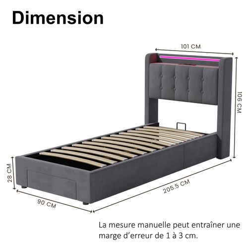 Lit Ado 90x190 Cm - Lit Coffre Hydraulique Avec Rangement LED Et Prises USB - Velours Gris