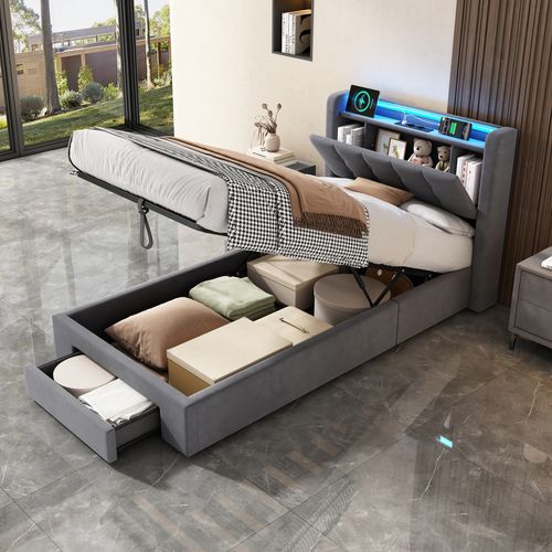 Lit Ado 90x200 Cm - Lit Coffre Hydraulique Avec Rangement LED Tiroirs Et Prises USB - Velours Gris