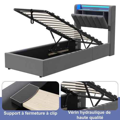 Lit Ado 90x190 Cm, Lit Coffre Hydraulique Avec Rangement, LED, Bords Arrondis Et USB, Velours Gris