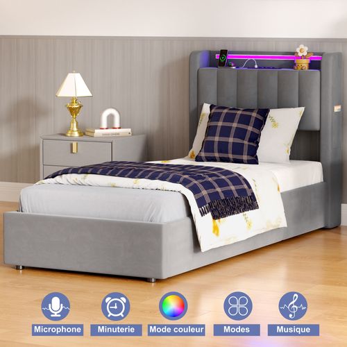 Lit Ado 90x200 Cm, Lit Coffre Hydraulique Avec Rangement, LED, Bords Arrondis Et USB, Velours Gris