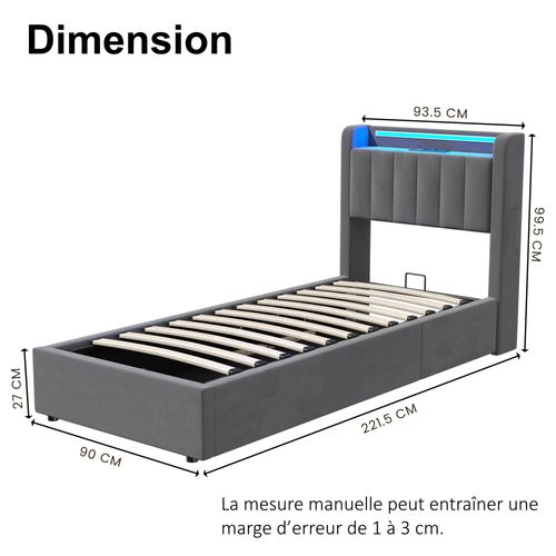 Lit Ado 90x200 Cm, Lit Coffre Hydraulique Avec Rangement, LED, Bords Arrondis Et USB, Velours Gris