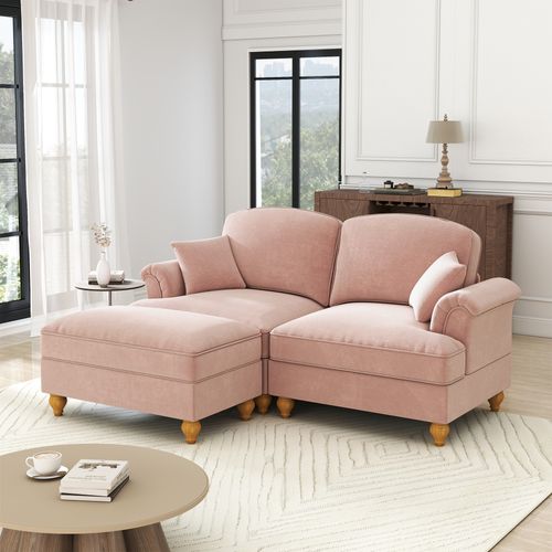 Canapé Moderne 2 Places Avec Accoudoirs Entonnoir, Pouf Et Jupe Amovible, Chenille Rose