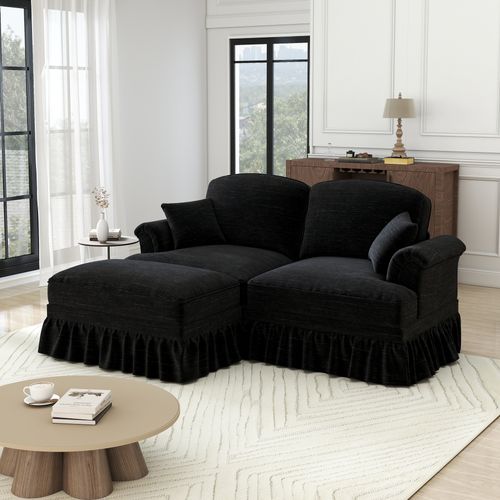 Canapé Moderne 2 Places Avec Accoudoirs Entonnoir, Pouf Et Jupe Amovible, Chenille Noir